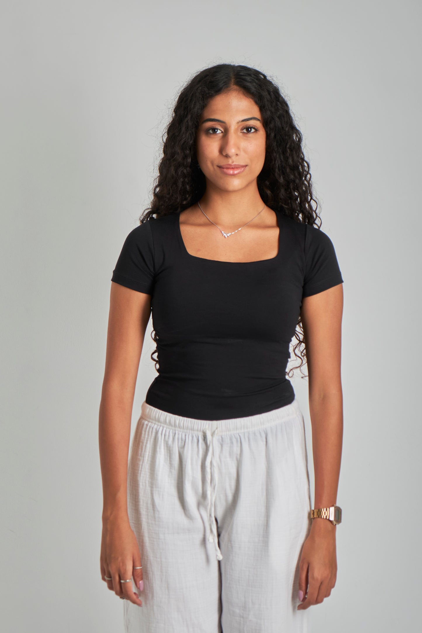Black Square Neck Basic Top - Double Layered -