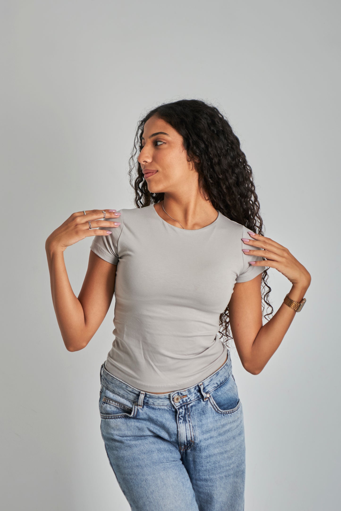 Silver Round Neck Basic Top - Double Layered -