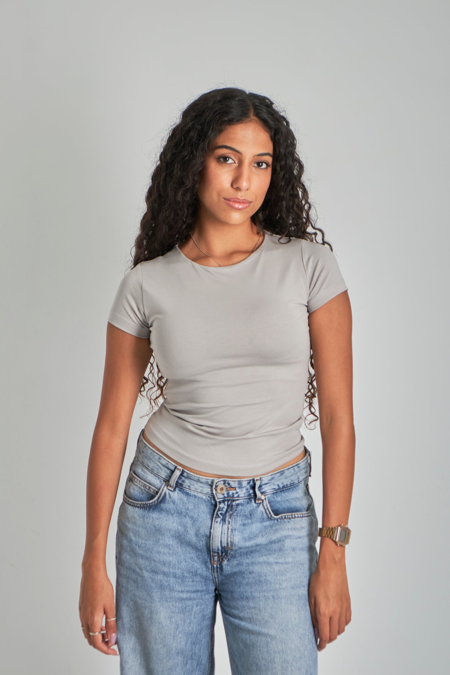 Silver Round Neck Basic Top - Double Layered -