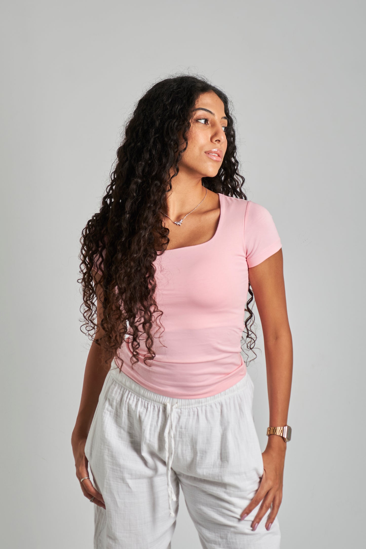Pink Square Neck Basic Top - Double Layered -
