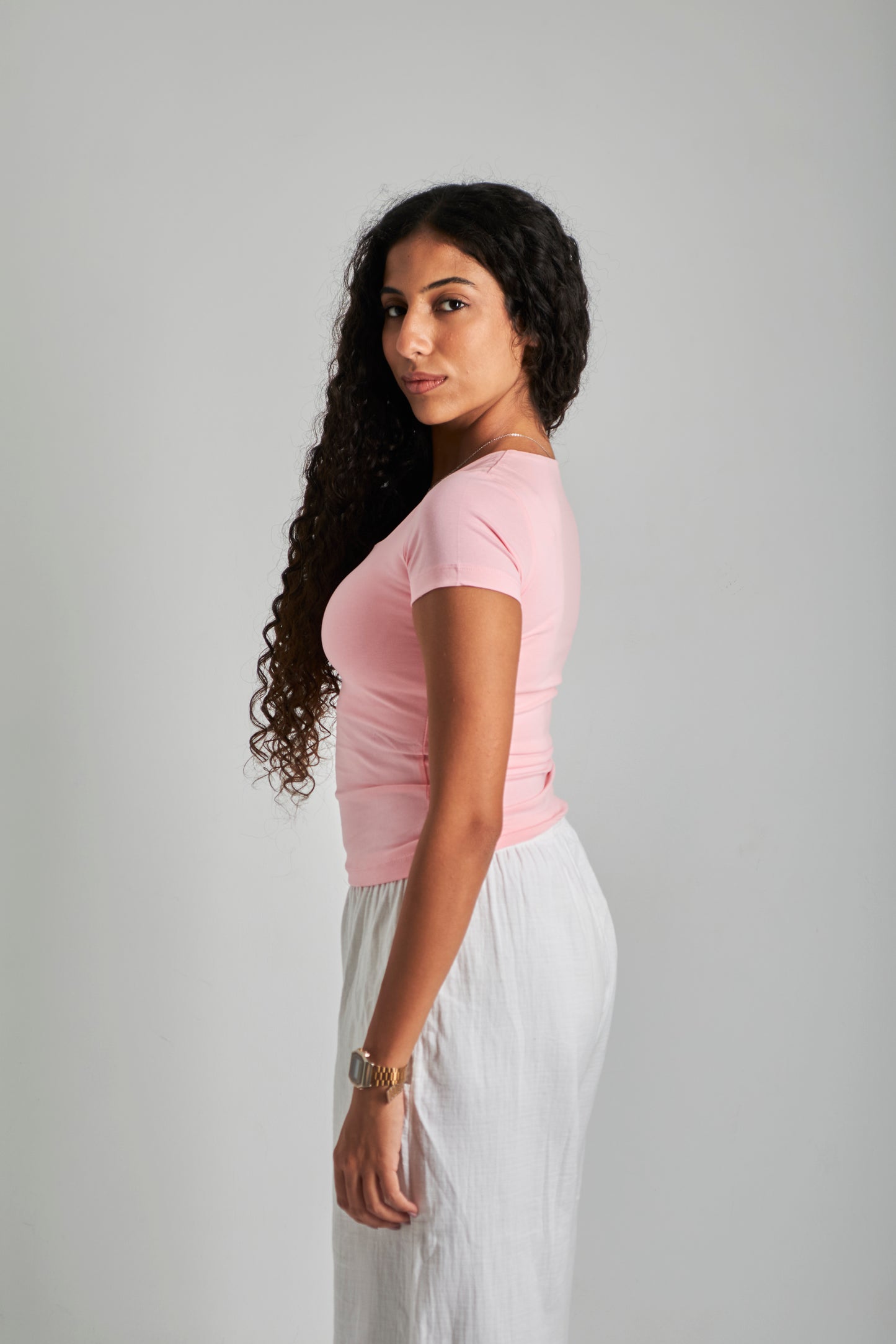 Pink Round Neck Basic Top - Double Layered -
