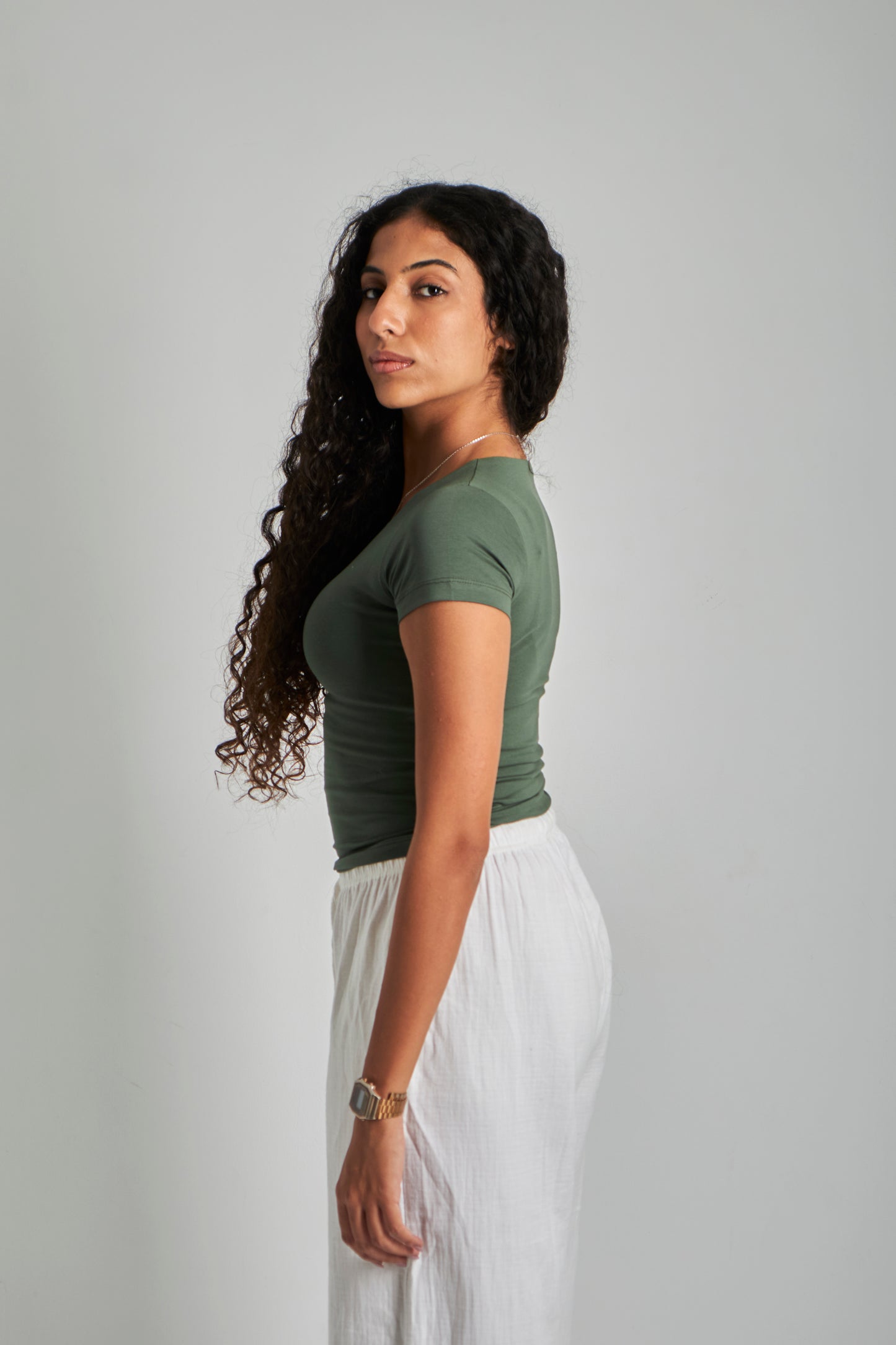 Olive Dark Green Round Neck Basic Top - Double Layered -