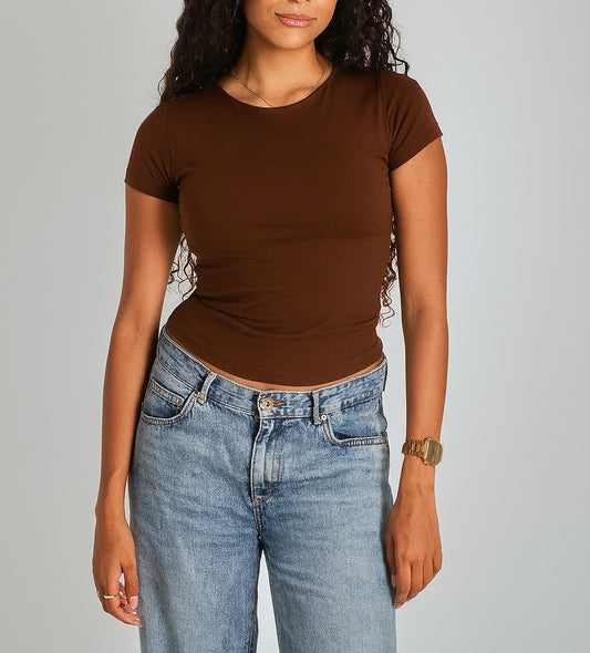Brown Round Neck Basic Top - Double Layered -
