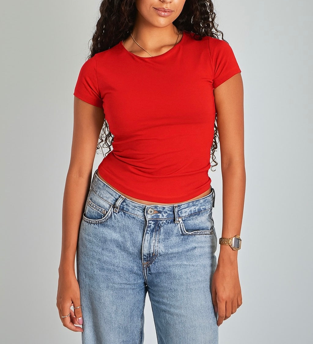 Red Round Neck Basic Top - Double Layered -