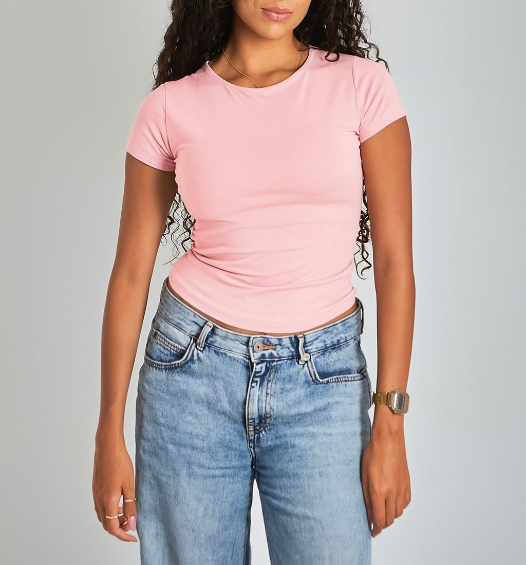 Pink Round Neck Basic Top - Double Layered -