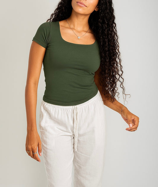 Olive Dark Green Square Neck Basic Top - Double Layered -