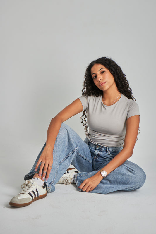 Silver Round Neck Basic Top - Double Layered -