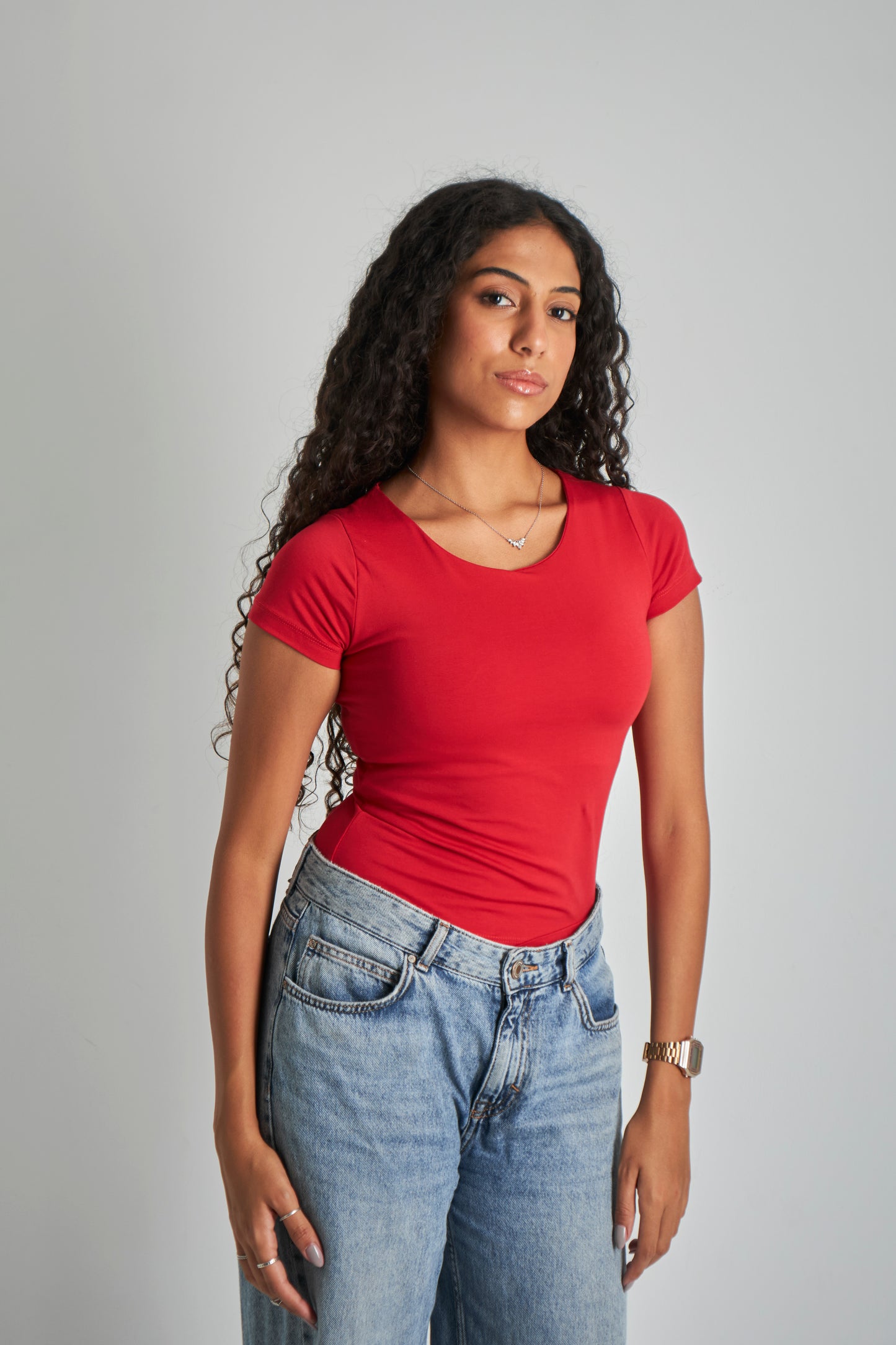 Red Wide Neck Basic Top - Double Layered -
