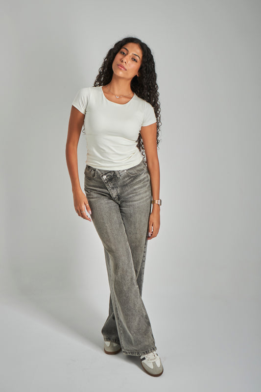 White Wide Neck Basic Top - Double Layered -