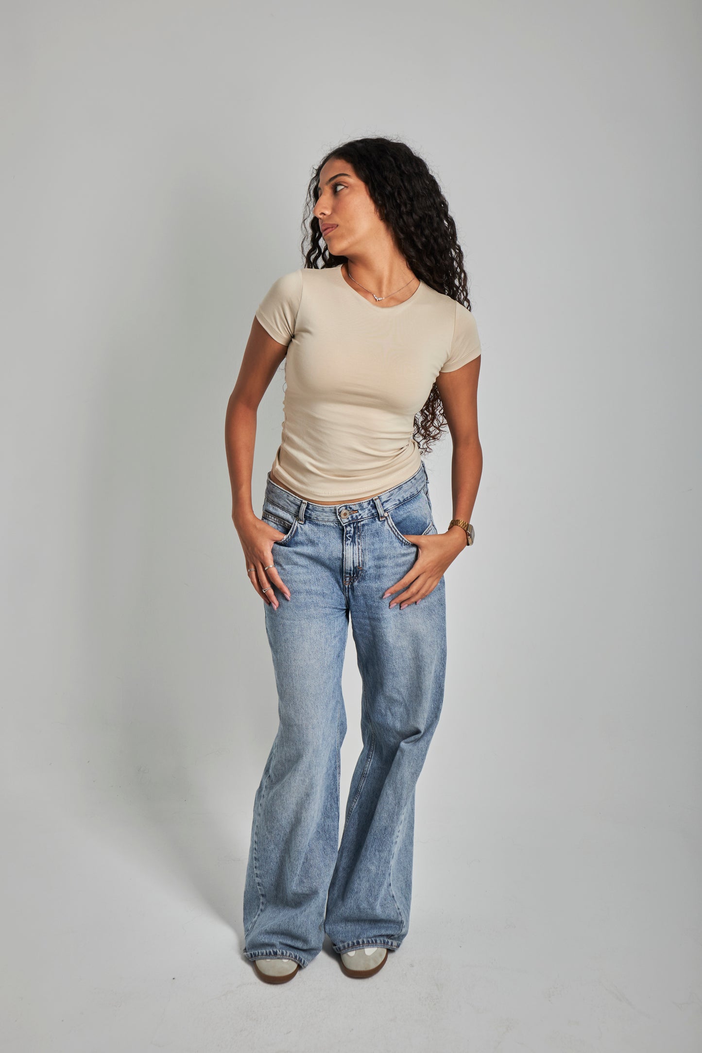 Beige Round Neck Basic Top - Double Layered -