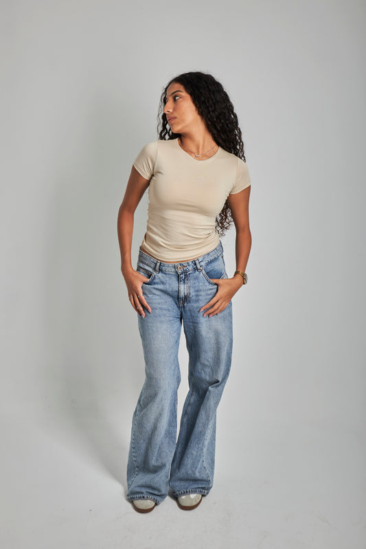 Beige Round Neck Basic Top - Double Layered -