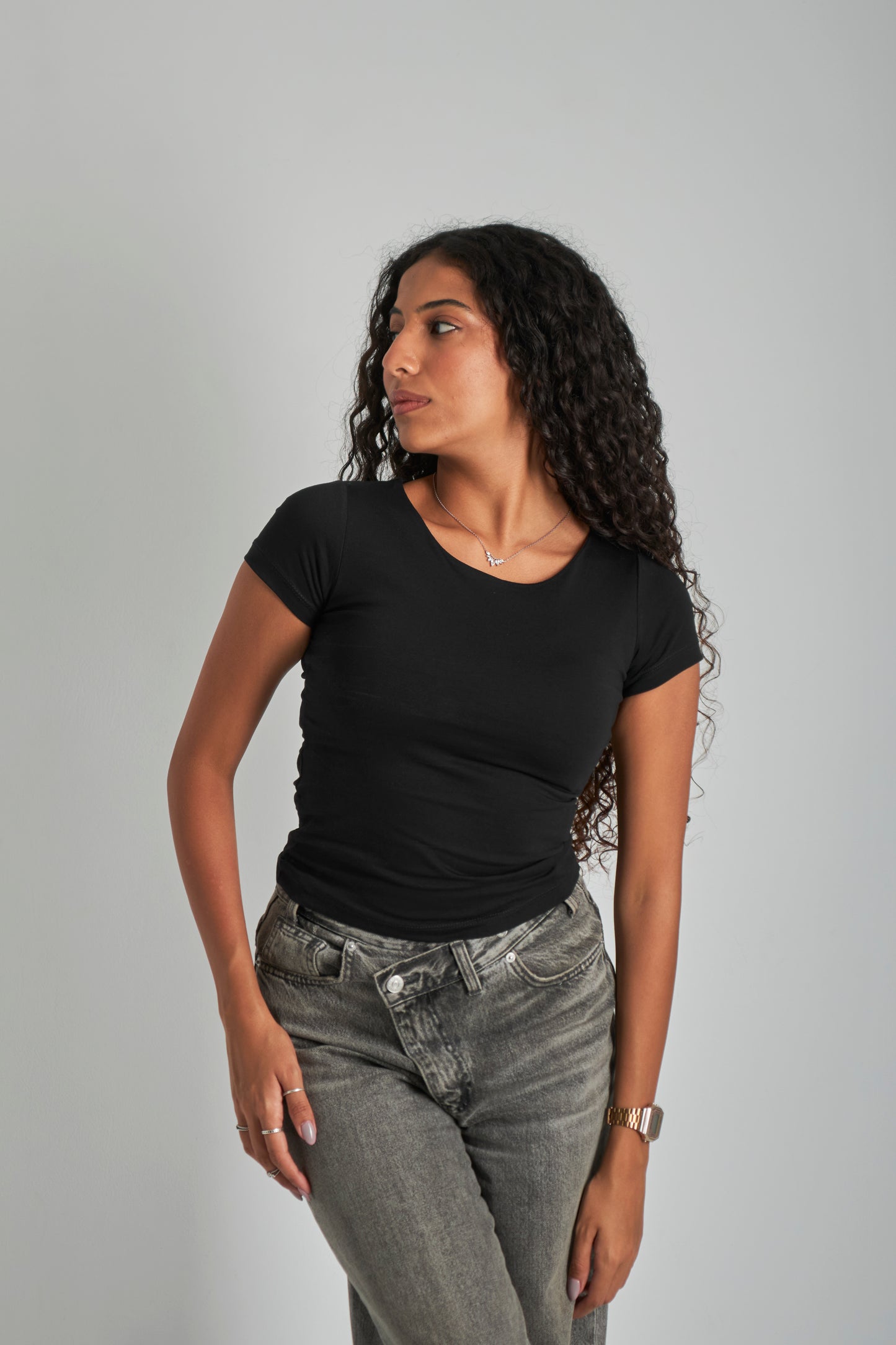 Black Wide Neck Basic Top - Double Layered -