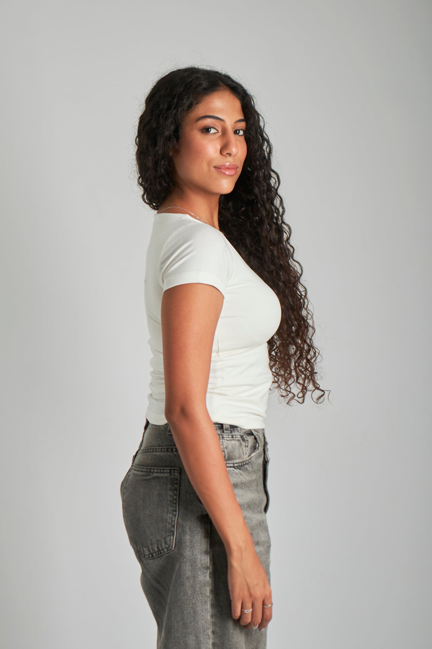 White Wide Neck Basic Top - Double Layered -