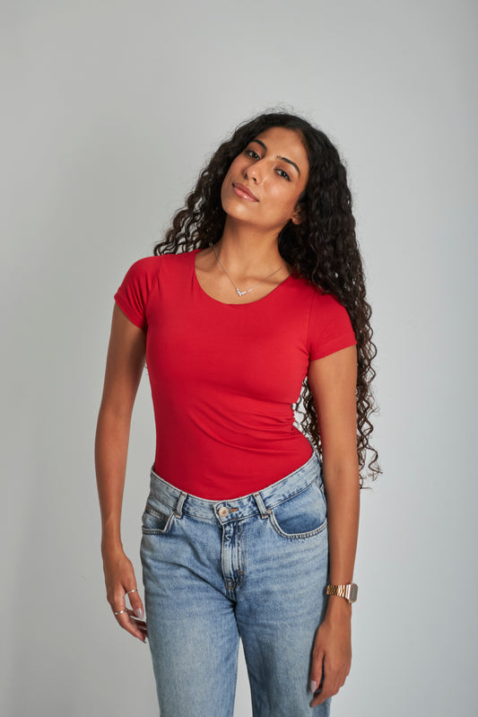 Red Wide Neck Basic Top - Double Layered -