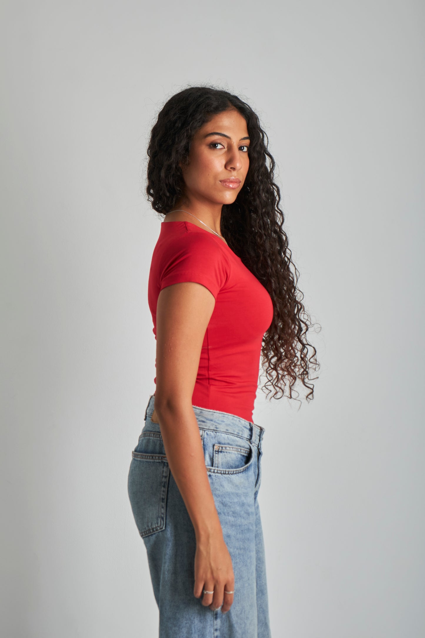Red Wide Neck Basic Top - Double Layered -
