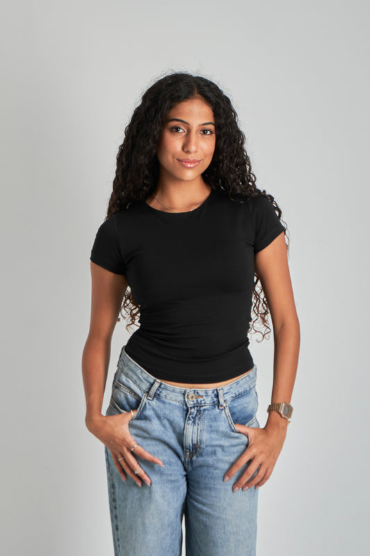Black Round Neck Basic Top - Double Layered -
