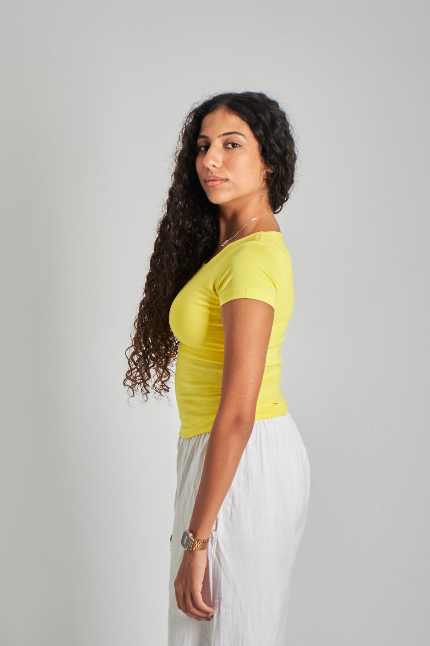 Yellow Wide Neck Basic Top - Double Layered -