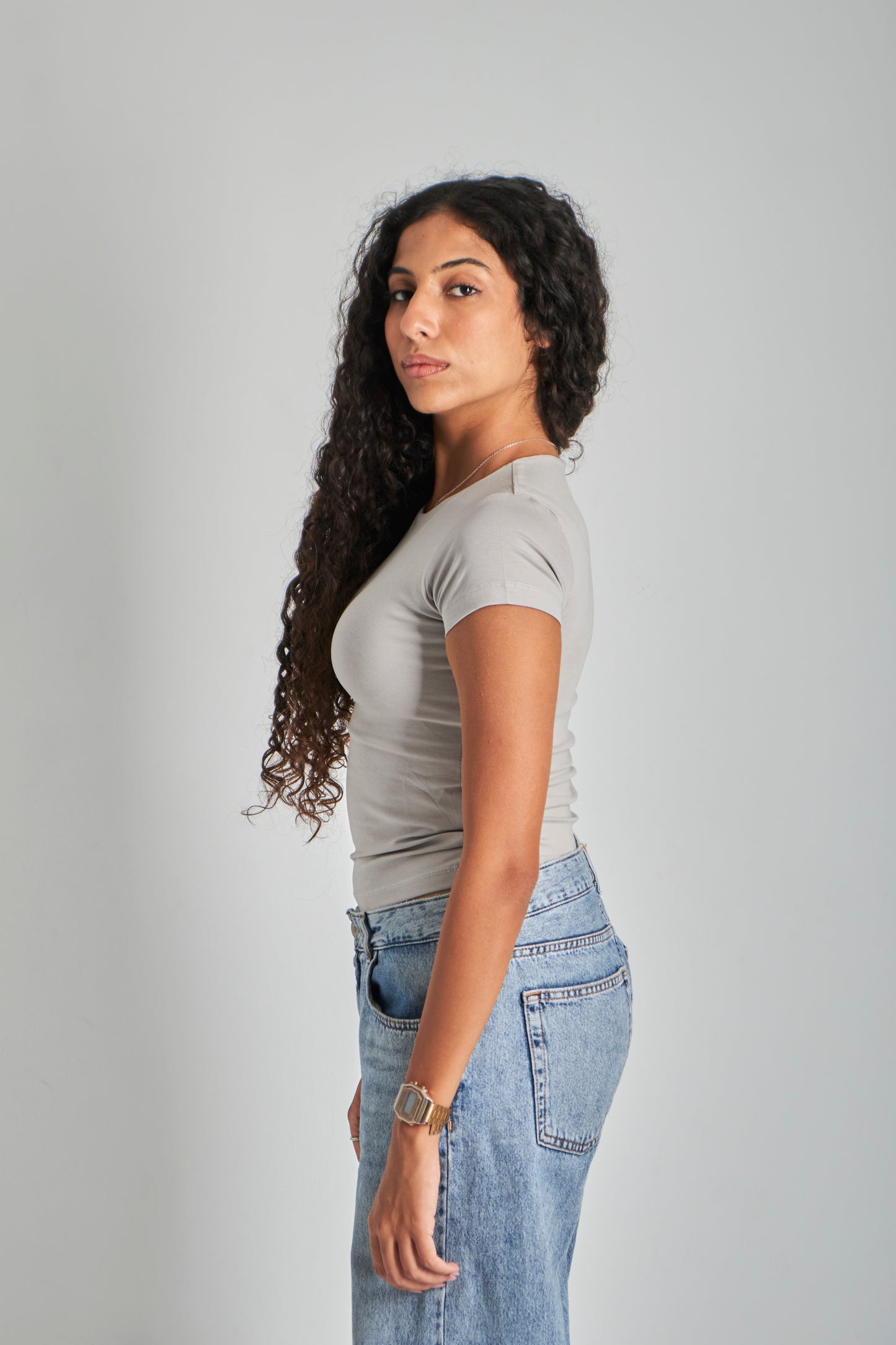 Silver Round Neck Basic Top - Double Layered -