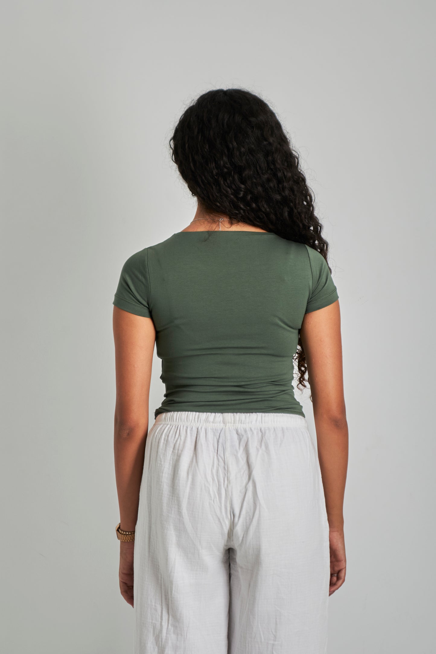 Olive Dark Green Square Neck Basic Top - Double Layered -