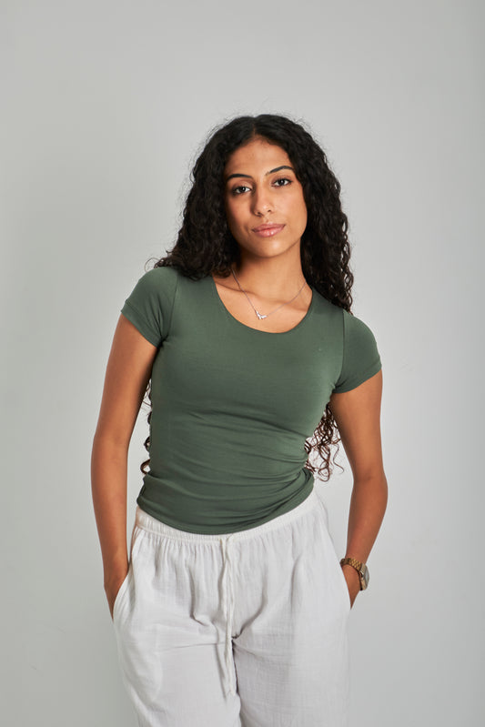 Olive Dark Green Wide Neck Basic Top - Double Layered -