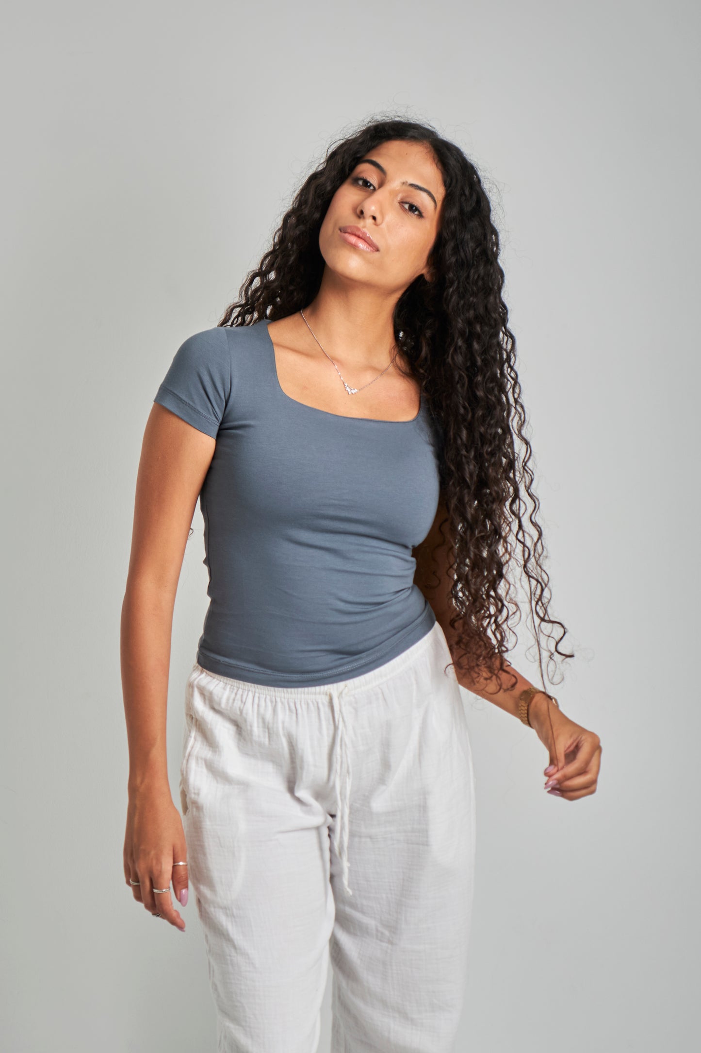 Iron Gray Square Neck Basic Top - Double Layered -