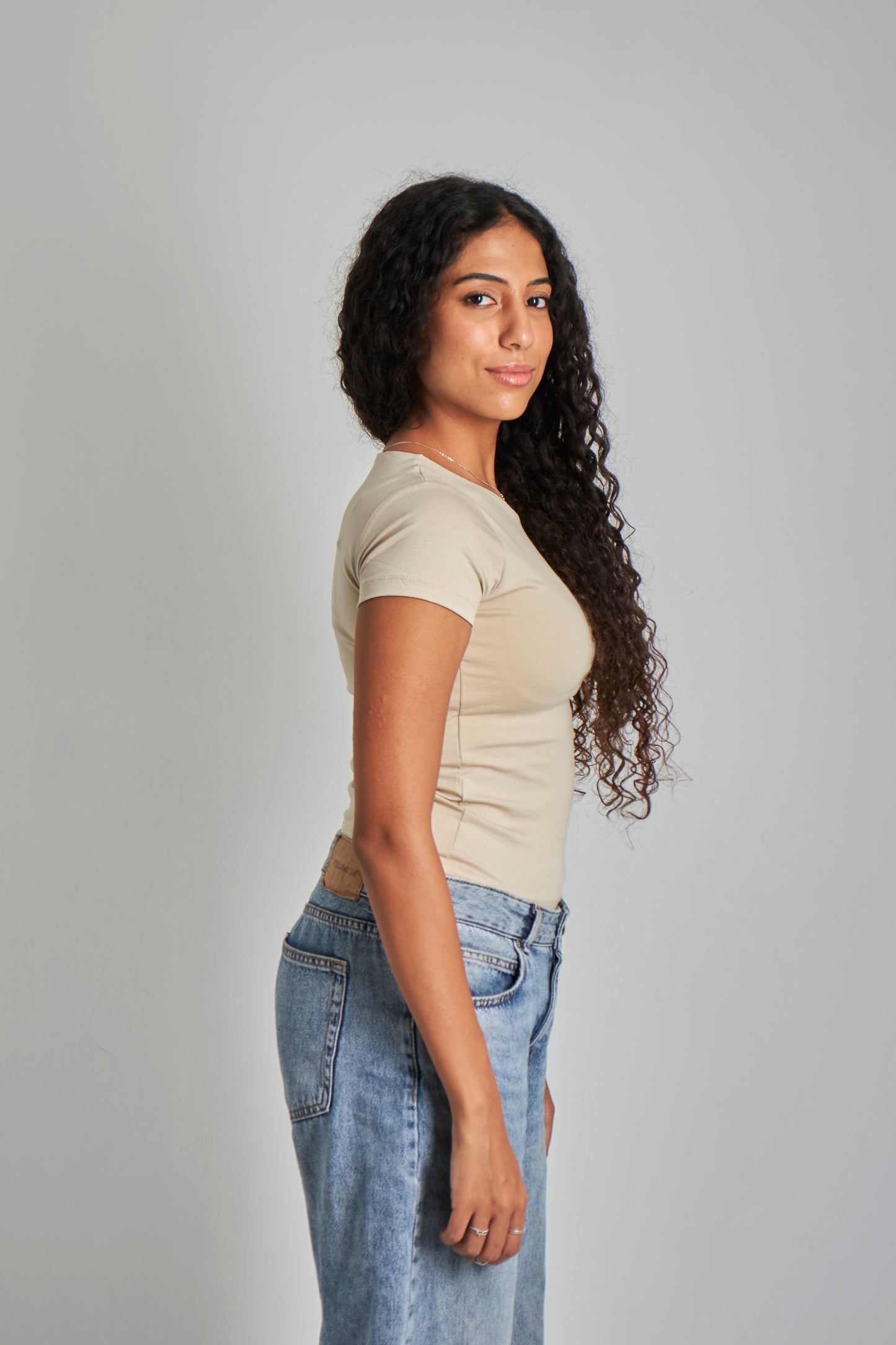 Beige Round Neck Basic Top - Double Layered -