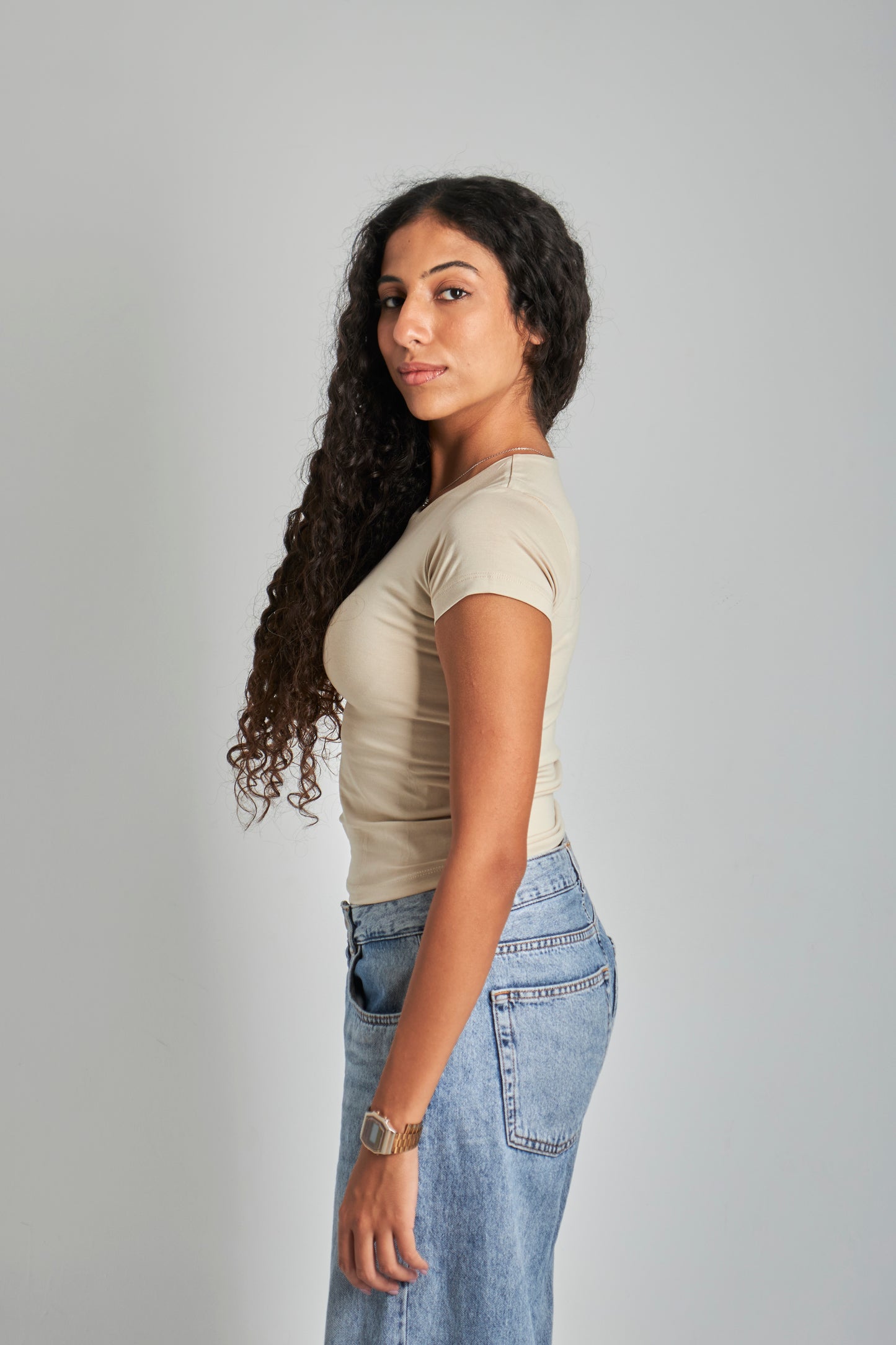 Beige Round Neck Basic Top - Double Layered -