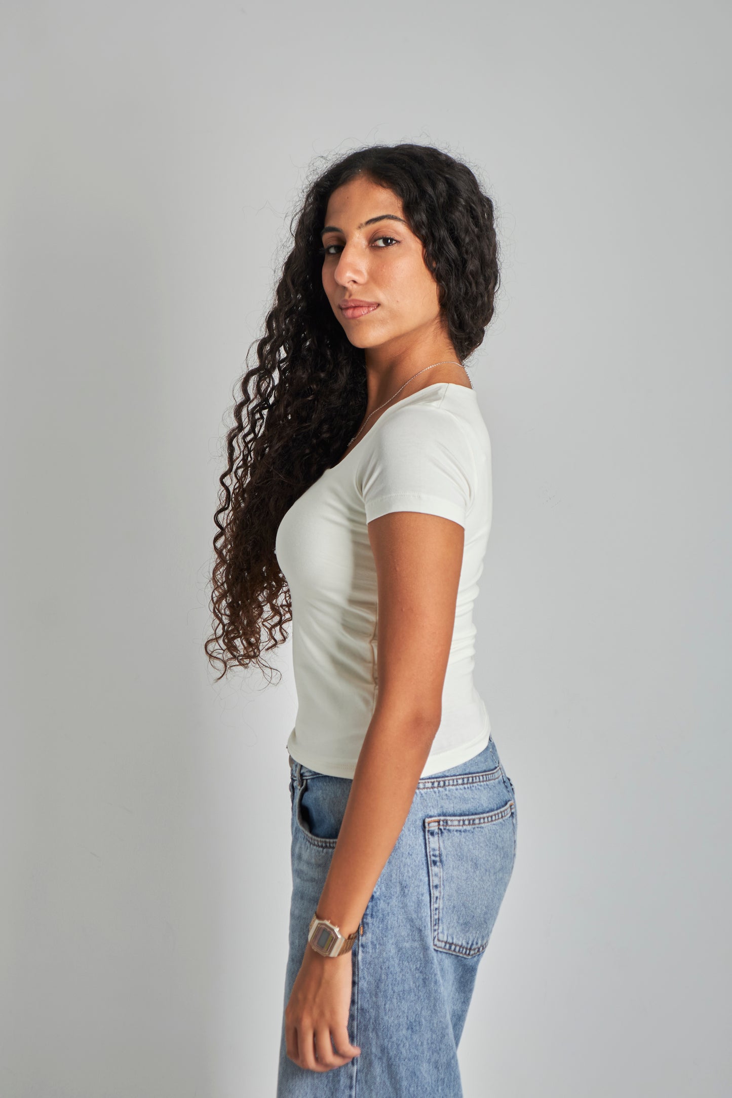 White Square Neck Basic Top - Double Layered -