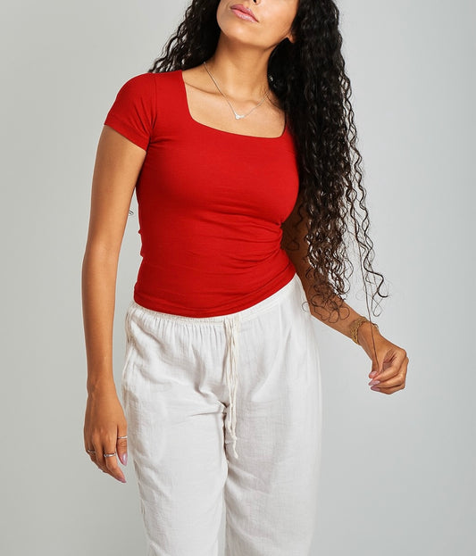 Red Square Neck Basic Top - Double Layered -