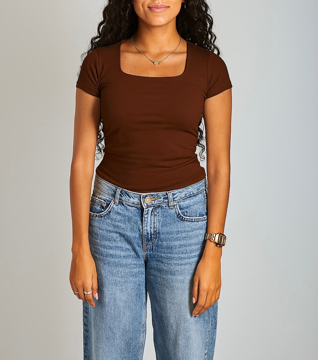 Brown Square Neck Basic Top - Double Layered -