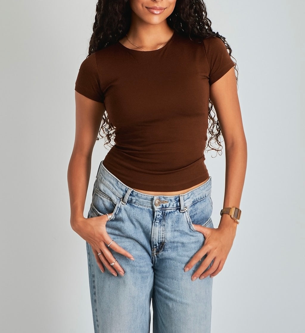 Brown Round Neck Basic Top - Double Layered -