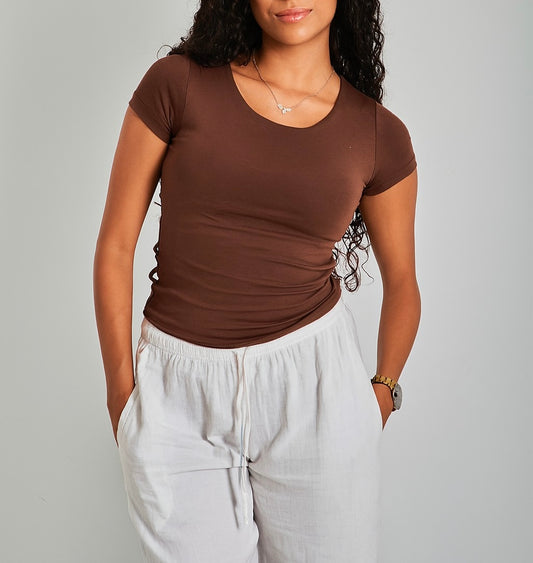 Brown Wide Neck Basic Top - Double Layered -