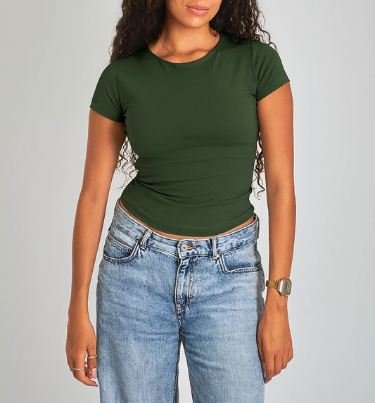 Olive Dark Green Round Neck Basic Top - Double Layered -