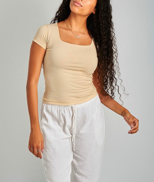 Beige Square Neck Basic Top - Double Layered -