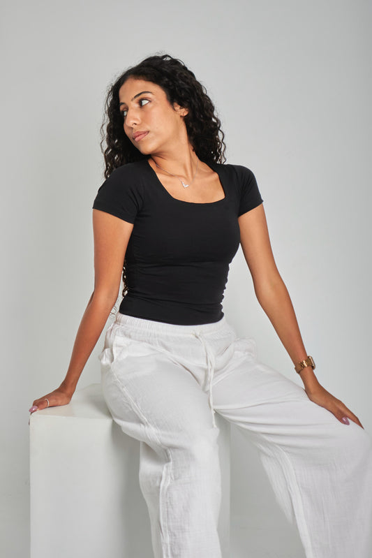 Black Square Neck Basic Top - Double Layered -