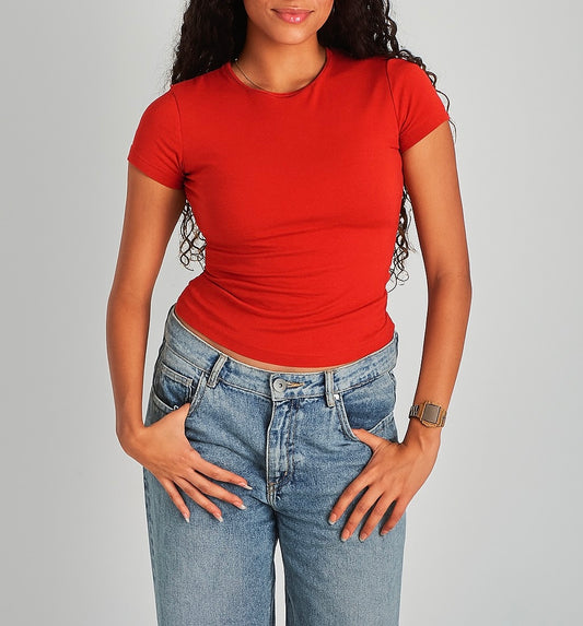 Red Round Neck Basic Top - Double Layered -