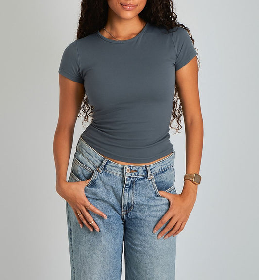 Iron Gray Round Neck Basic Top - Double Layered -