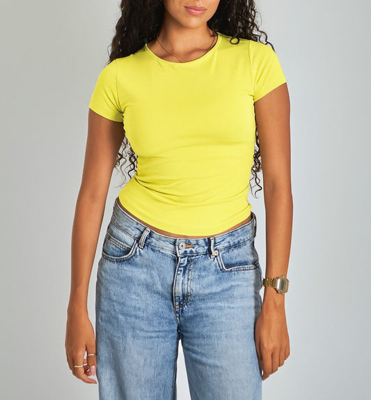 Yellow Round Neck Basic Top - Double Layered -