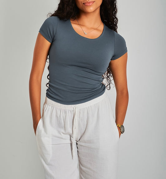 Iron Gray Wide Neck Basic Top - Double Layered -